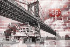 Fototapeta: Retro samochód na tle mostu brooklyn i route 66
