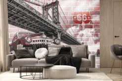 Fototapeta: Retro samochód na tle mostu brooklyn i route 66