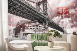 Fototapeta: Retro samochód na tle mostu brooklyn i route 66