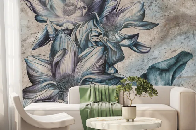 Fototapeta: Retro wzór z niebieskimi kwiatami lotosu