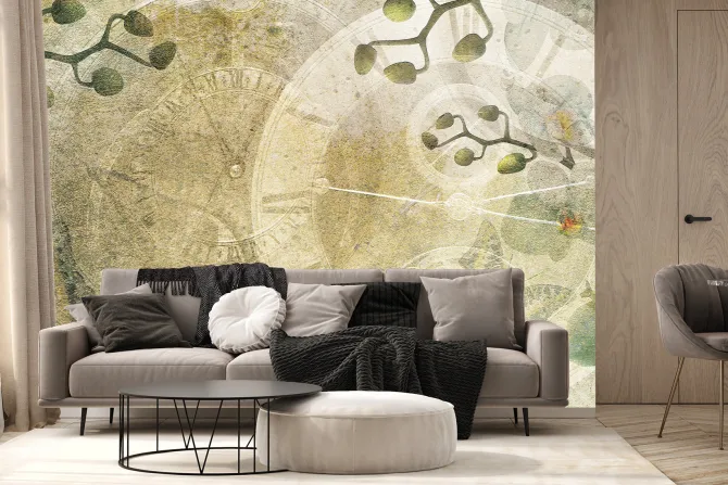 Fototapeta: Retro zegary wśród kwiatów storczyka