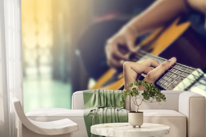 Fototapeta: Ręka człowieka na gitarze klasycznej