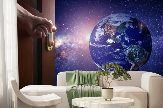 Fototapeta: Ręka otwiera drzwi do pustego pokoju planeta ziemia z kosmosu.