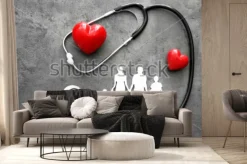 Fototapeta: Rodzinna postać, czerwone serca i stetoskop na szarym tle. pojęcie