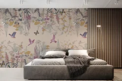 Fototapeta: Roślinny botaniczny motyw z kolorowymi kwiatami motylami i ptakami