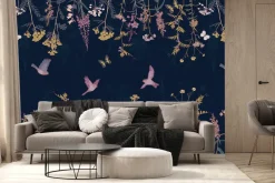 Fototapeta: Roślinny botaniczny motyw z kolorowymi kwiatami motylami i ptakami