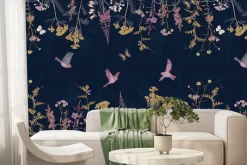 Fototapeta: Roślinny botaniczny motyw z kolorowymi kwiatami motylami i ptakami