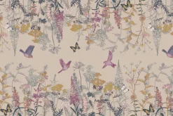 Fototapeta: Roślinny botaniczny motyw z kolorowymi kwiatami motylami i ptakami