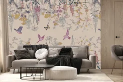 Fototapeta: Roślinny botaniczny motyw z kolorowymi kwiatami motylami i ptakami
