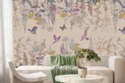 Fototapeta: Roślinny botaniczny motyw z kolorowymi kwiatami motylami i ptakami