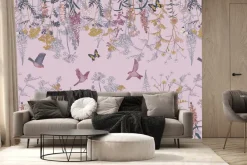 Fototapeta: Roślinny botaniczny motyw z kolorowymi kwiatami motylami i ptakami