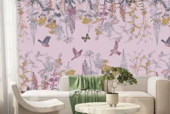 Fototapeta: Roślinny botaniczny motyw z kolorowymi kwiatami motylami i ptakami