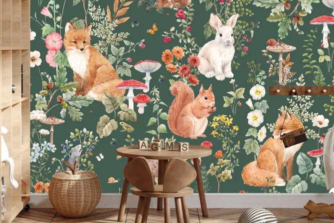 Fototapeta: Roślinny wzór z grzybami i lisami