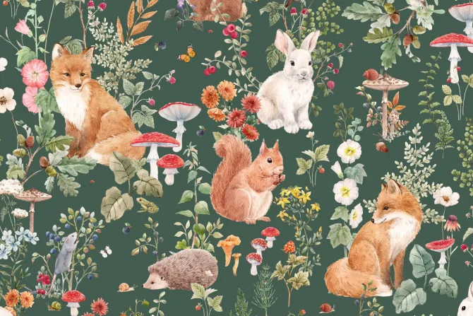 Fototapeta: Roślinny wzór z grzybami i lisami