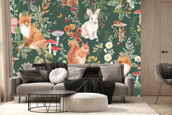 Fototapeta: Roślinny wzór z grzybami i lisami