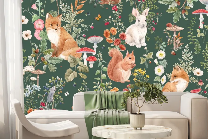 Fototapeta: Roślinny wzór z grzybami i lisami