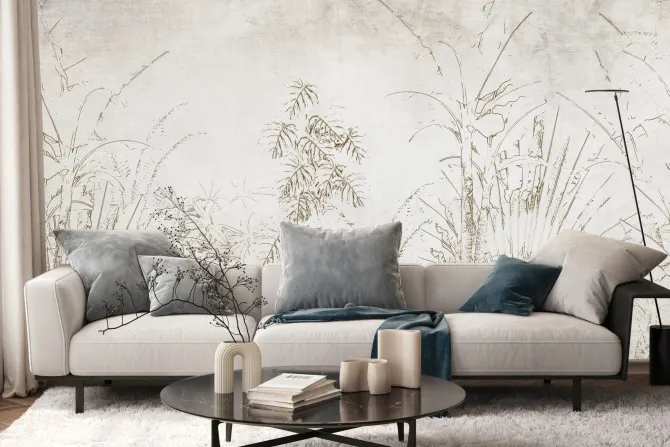 Fototapeta: Rośliny tropikalne na tle beżowo szarego betonu