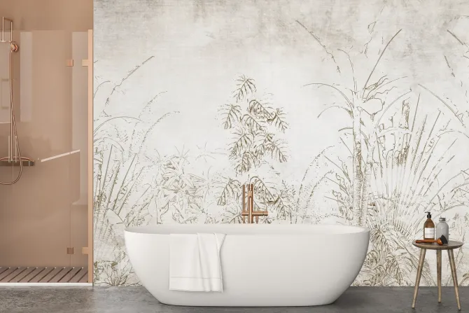 Fototapeta: Rośliny tropikalne na tle beżowo szarego betonu