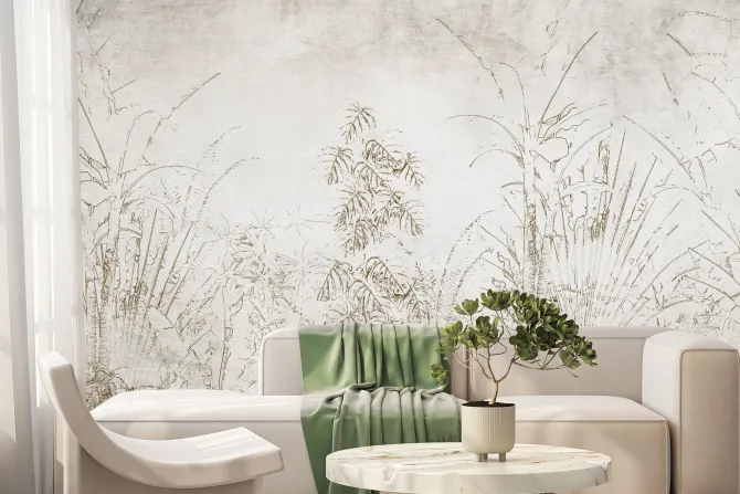 Fototapeta: Rośliny tropikalne na tle beżowo szarego betonu