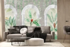 Fototapeta: Rośliny tropikalne na tle szarych kolumn