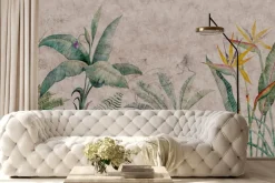 Fototapeta: Rośliny tropikalne i ptak botaniczny wzór na tle betonu