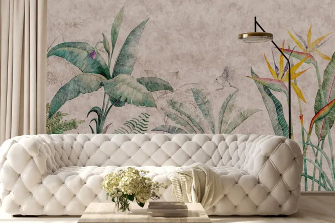 Fototapeta: Rośliny tropikalne i ptak botaniczny wzór na tle betonu