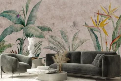 Fototapeta: Rośliny tropikalne i ptak botaniczny wzór na tle betonu