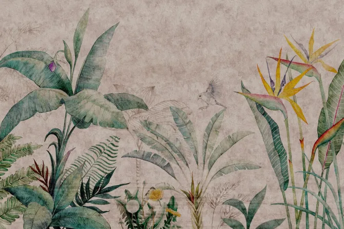 Fototapeta: Rośliny tropikalne i ptak botaniczny wzór na tle betonu