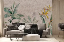 Fototapeta: Rośliny tropikalne i ptak botaniczny wzór na tle betonu