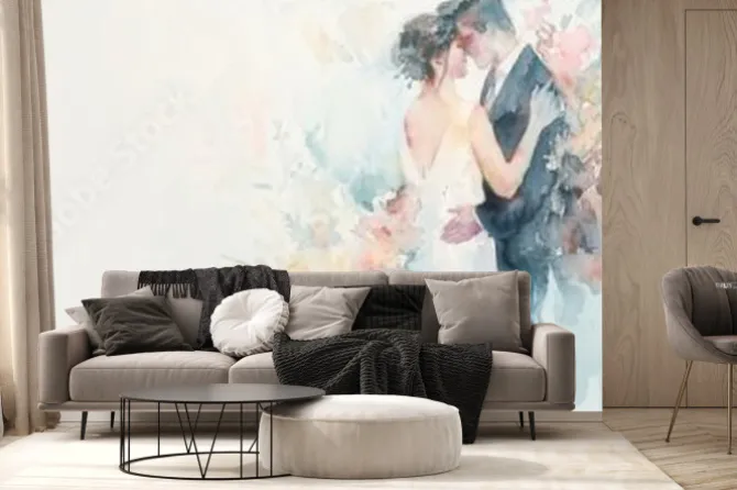 Fototapeta: Romantic wedding scene with floral backdrop generative ai