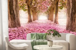Fototapeta: Różowa ścieżka otoczona drzewami