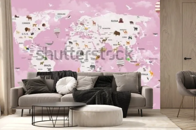 Fototapeta: Różowa mapa świata ze zwierzętami dla dzieci