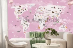 Fototapeta: Różowa mapa świata ze zwierzętami dla dzieci