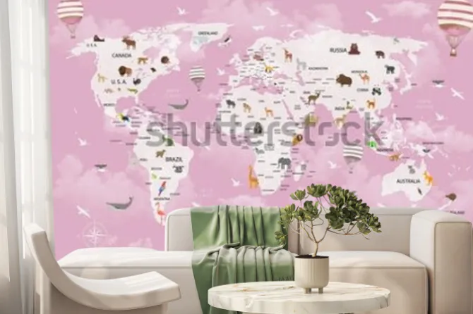 Fototapeta: Różowa mapa świata ze zwierzętami dla dzieci