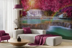Fototapeta: Różowe drzewa nad kaskadowym wodospadem
