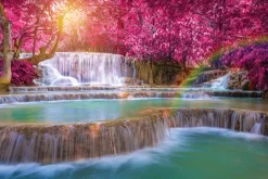 Fototapeta: Różowe drzewa nad kaskadowym wodospadem