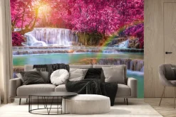 Fototapeta: Różowe drzewa nad kaskadowym wodospadem