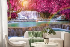 Fototapeta: Różowe drzewa nad kaskadowym wodospadem