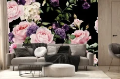 Fototapeta: Różowe i fioletowe kwiaty na czarnym tle