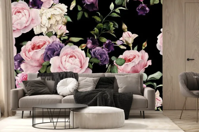 Fototapeta: Różowe i fioletowe kwiaty na czarnym tle