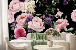 Fototapeta: Różowe i fioletowe kwiaty na czarnym tle