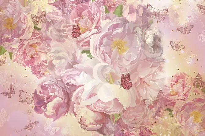 Fototapeta: Różowe kwiaty i motyle wzór w stylu malunku