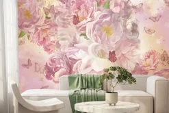 Fototapeta: Różowe kwiaty i motyle wzór w stylu malunku