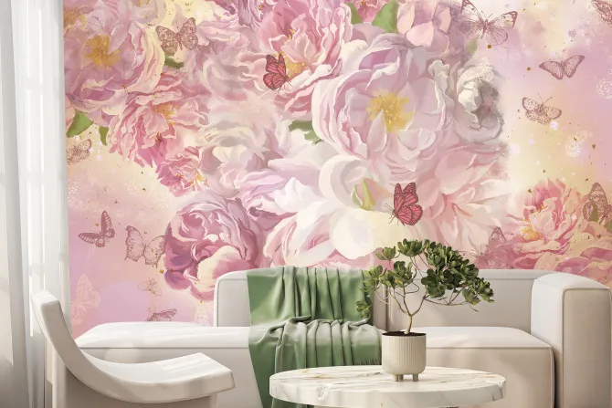 Fototapeta: Różowe kwiaty i motyle wzór w stylu malunku