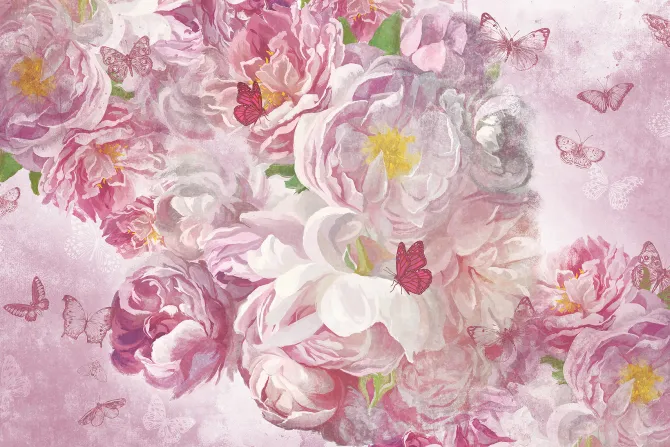 Fototapeta: Różowe kwiaty i motyle wzór w stylu malunku