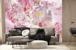 Fototapeta: Różowe kwiaty i motyle wzór w stylu malunku