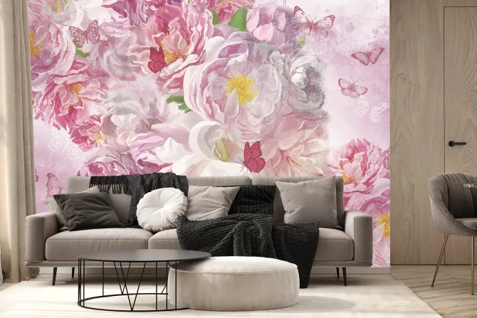 Fototapeta: Różowe kwiaty i motyle wzór w stylu malunku