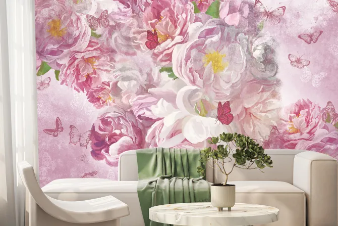 Fototapeta: Różowe kwiaty i motyle wzór w stylu malunku