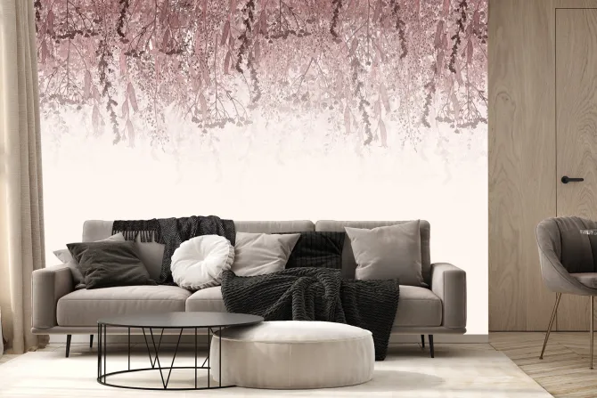 Fototapeta: Różowe kwiaty i zwisające rośliny na jasnym tle botaniczny motyw