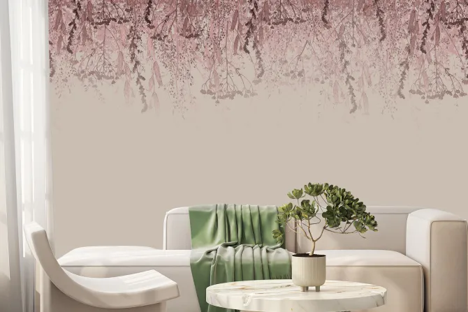 Fototapeta: Różowe kwiaty i zwisające rośliny na jasnym tle botaniczny motyw